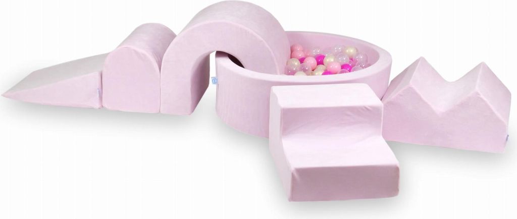 Schaumstoffspielplatz mit Rundbecken 90x30 Velvet Soft Hellrosa + 5 Elemente + 200 Bälle: transparent, opaleszierend, hellrosa, rosa