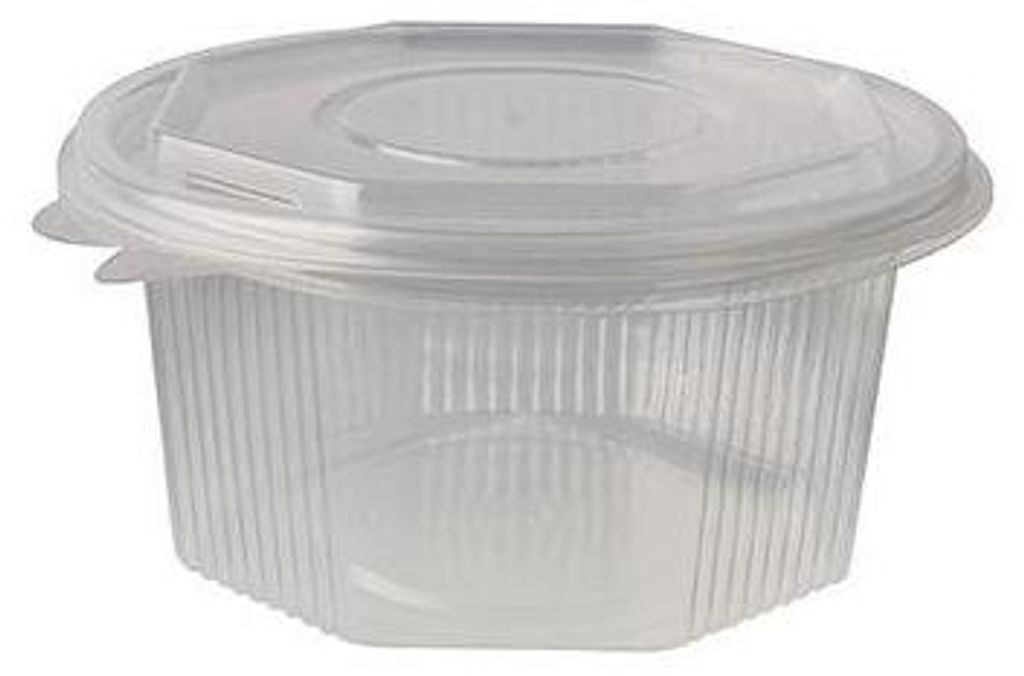 A clear plastic food container with a lid.