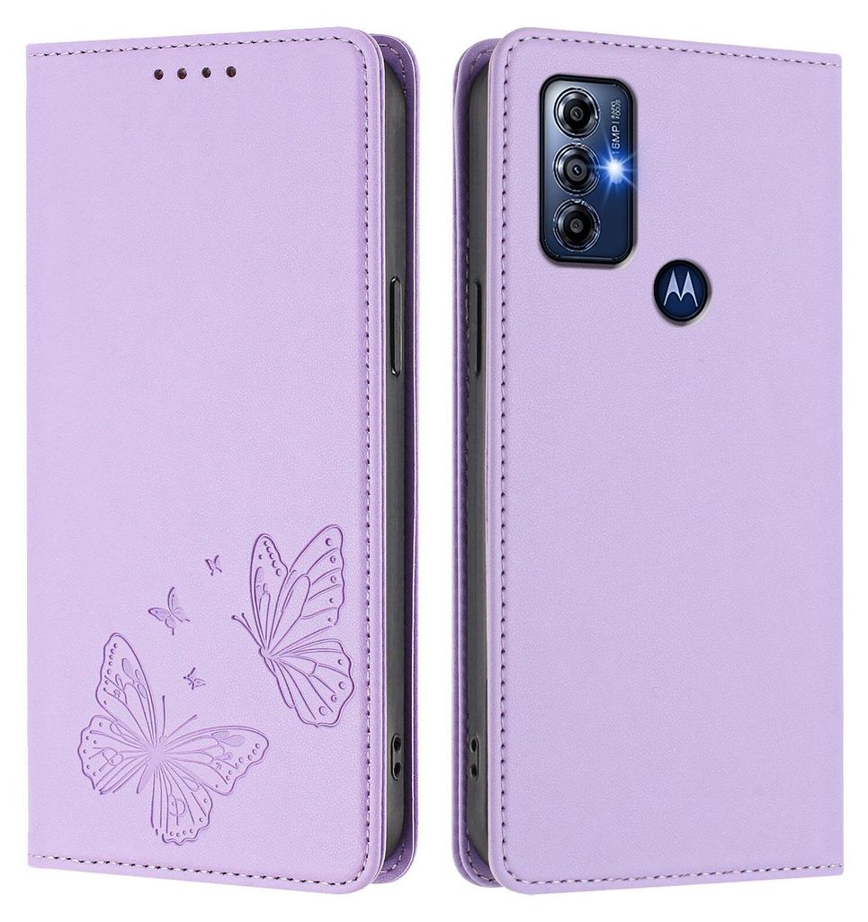 Lederhülle für Motorola G Pure/Moto G Play 2023, Schmetterling Prägung Leder Brieftasche Schutzhülle mit Ständer Violett