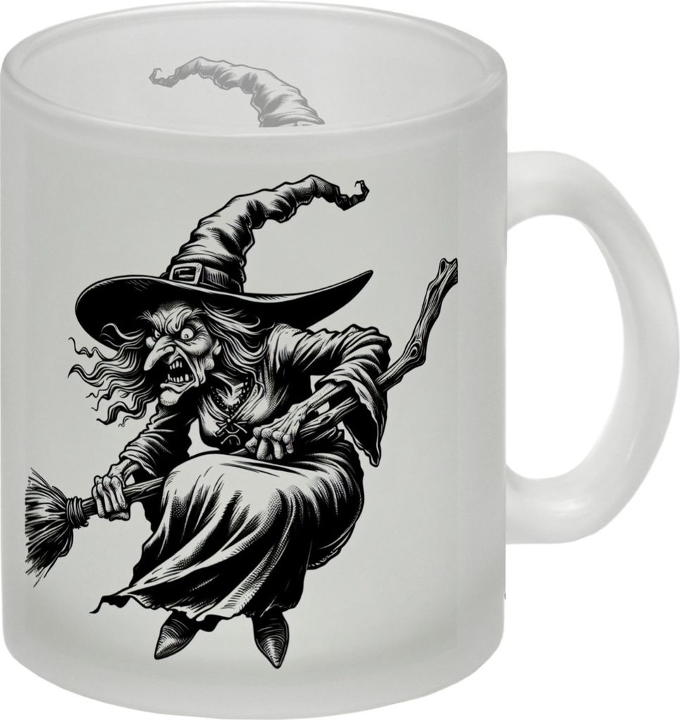 Böse Hexe auf Besen Glas Tasse