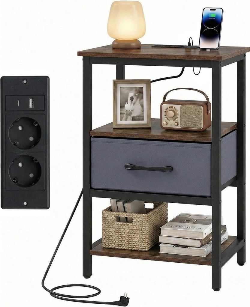 KOMFOTTEU Nachttisch mit Ladestation, Type-C- & USB-Anschlüssen, Nachtschrank mit 3 offenen Regalen & Stoffschublade, Moderner Beistelltisch für ...