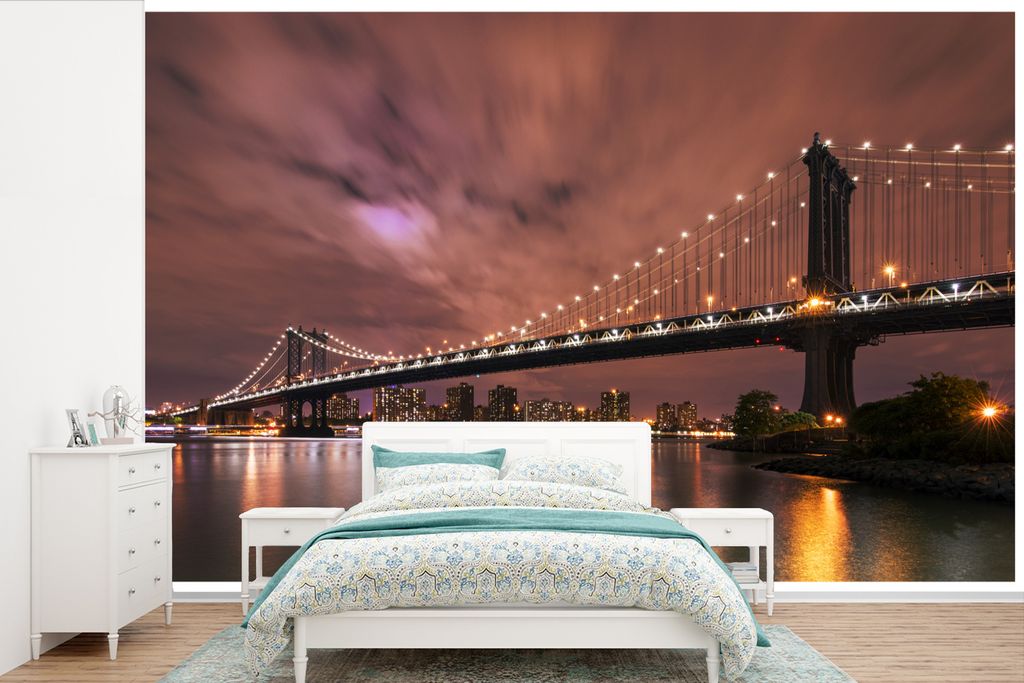 MuchoWow Fototapete für Wohnzimmer oder Schlafzimmer Wandtapete Vinyl Motivtapete Die Brooklyn Bridge in Amerika vor einem roten Abendhimmel - 4...