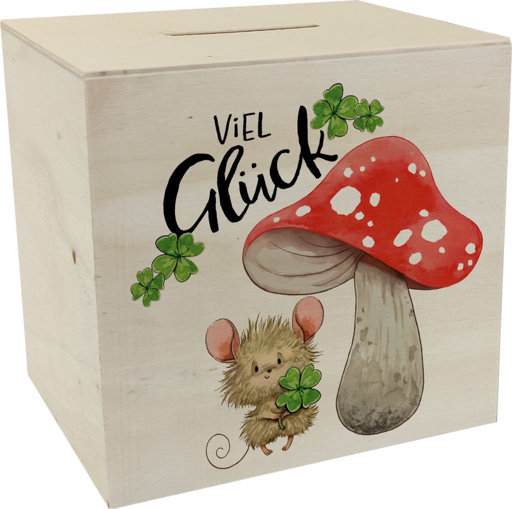 Maus mit Fliegenpilz Spardose aus Holz mit Spruch Viel Glück