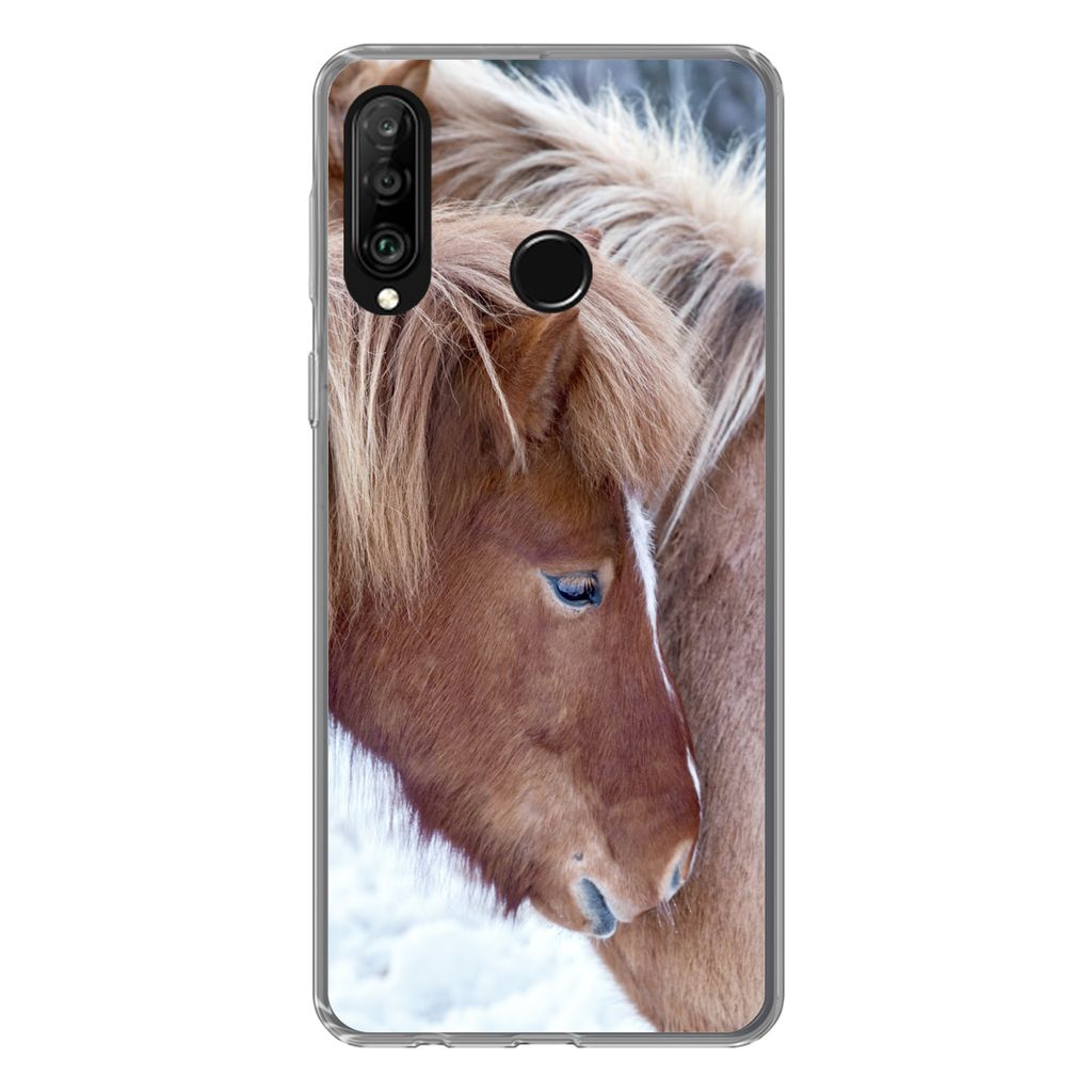 MuchoWow Handyhülle Schutzhülle Hülle für Huawei P30 Lite Pferde - Fohlen - Schnee Silikon Softcase Handy Hülle - Handyhülle