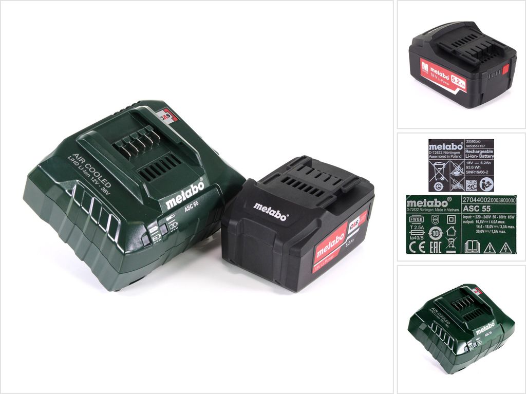 Metabo Akku Basis Set 18V mit 1x Akku 5,2Ah ( 625592000 ) + Ladegerät ASC 55 ( 627044000 )