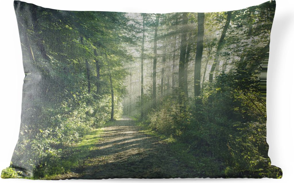 MuchoWow Outdoor Kissen - Wald - Weg - Sonne - Bäume - Grün - Natur - 50x30 cm - Wetterfest - Lounge Kissen - Sofa kissen - Wohnzimmer Dekoration