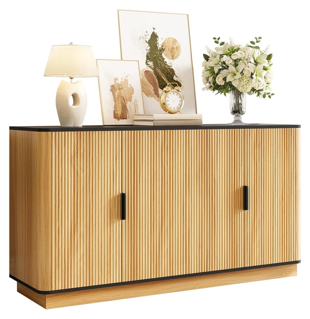 Modernes Sideboard Kommode - 4 Türen - Geriffelte Front - Holzoptik - Stauraum für Wohnzimmer Esszimmer Flur - Zum Selbstaufbau