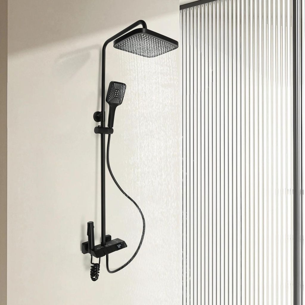 Bogen Duschsystem - Digitales Display Duschset mit Armatur - 4 Funktionen - Kalt- und Warmwasser - Aufputz Wannen- und Duscharmatur - Schwarz