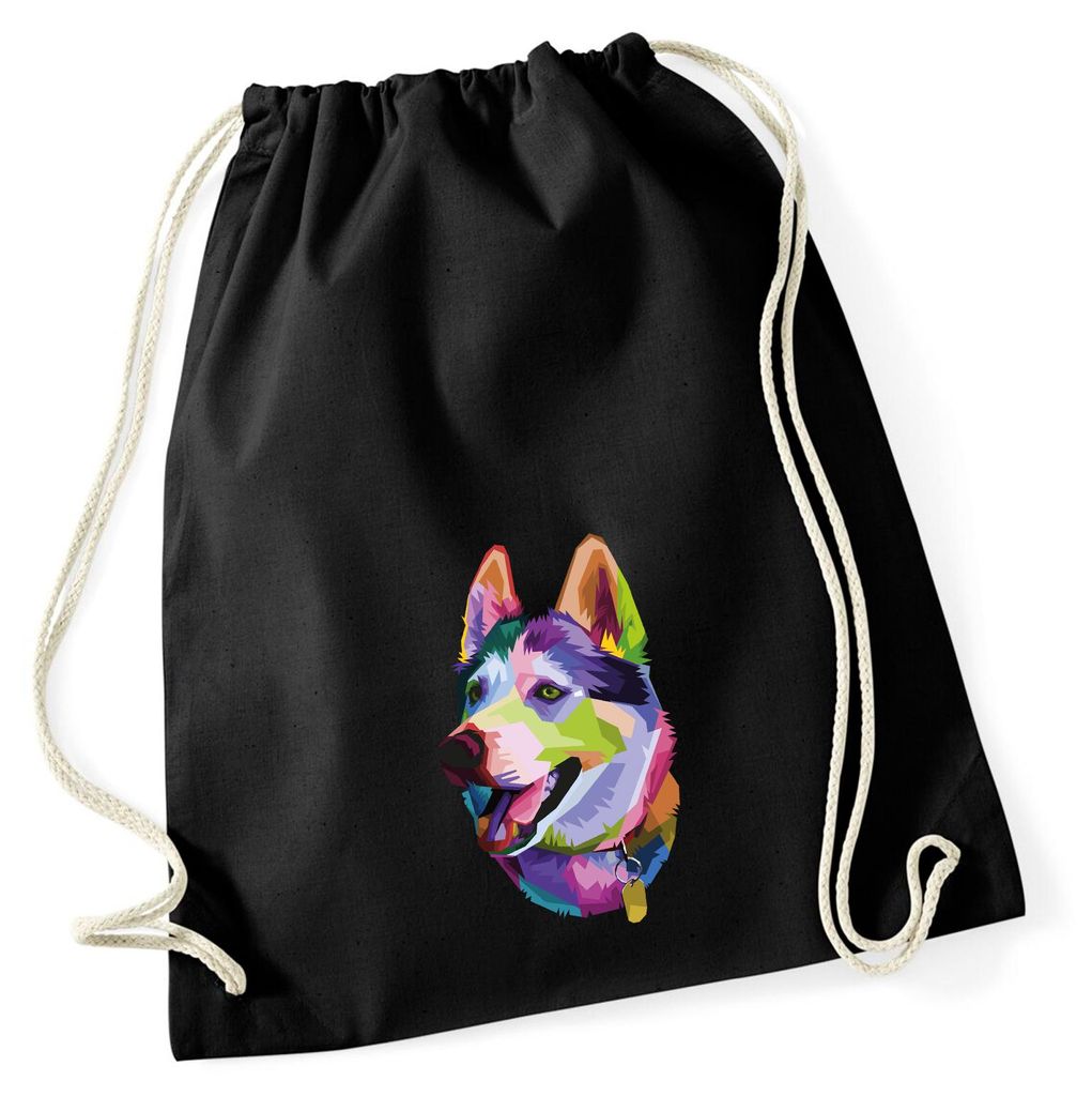 Huuraa Turnbeutel Husky Colorful 12 Liter Black Baumwolle Rucksack Geschenkidee