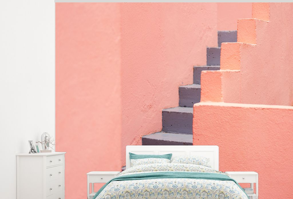 MuchoWow Fototapete für Wohnzimmer oder Schlafzimmer Wandtapete Vinyl Motivtapete Treppe - Architektur - Rosa - Pastell - 300x240 cm - Fototapeten