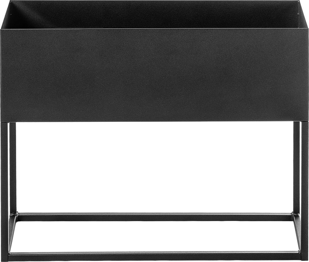 A black metal planter stand with a rectangular planter box on top, shown against a white background.