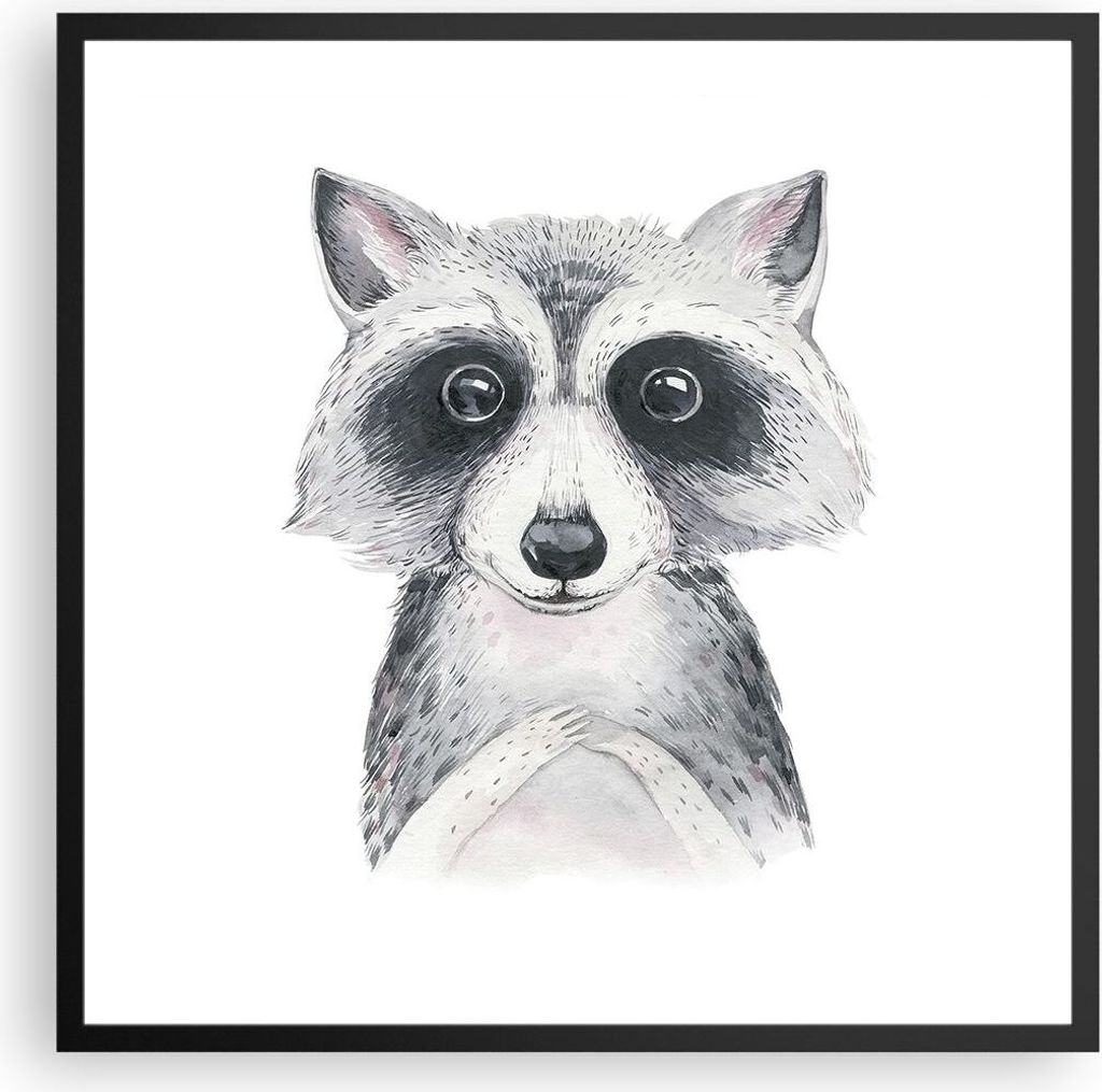 Gerahmtes Poster - Schwarzer Rahmen - Waschbär Bild Kinder - 60x60 cm - Wand Bild - Wanddeko - Wandbilder - Kunstposter - Wandposter - Bilderrahme...