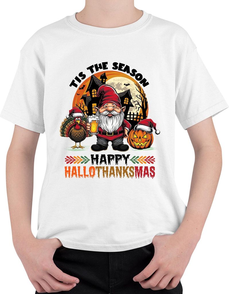 Happy Hallothanksmas Gnome Turkey Jack O Lantern Haunted Pumpkin Uni Kinder T-Shirt, Weiß, 152