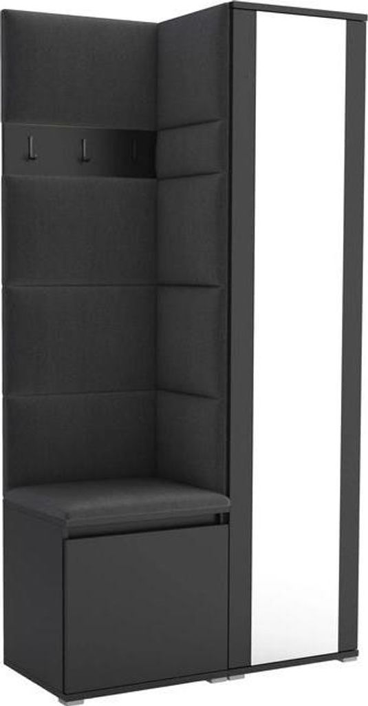 Garderoben-Set Noris VI mit Spiegel, gepolsterte Garderobe 95 cm, kompakte Flurmöbel mit Wandpaneelen, Haken und Stauraum (Farbe: Schwarz + Trinit...
