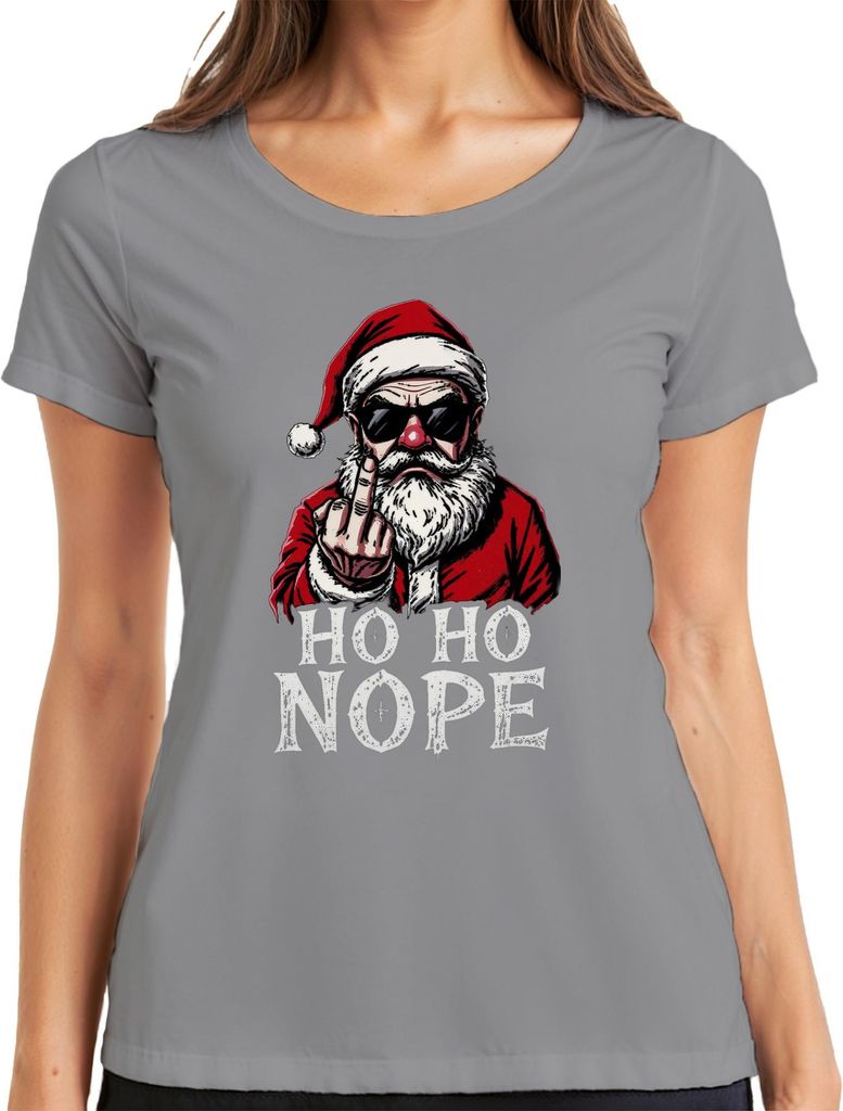 HO HO NOPE Weihnachtsmann Mittelfinger sarkastisch lustig Damen T-Shirt, Grau, XXL
