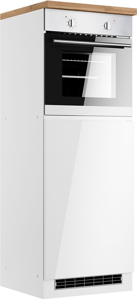 Umbauschrank für Kühlschrank und Backofen 60 cm in Hochglanz weiß, Arbeitsplatte Eiche MARSEILLE-03