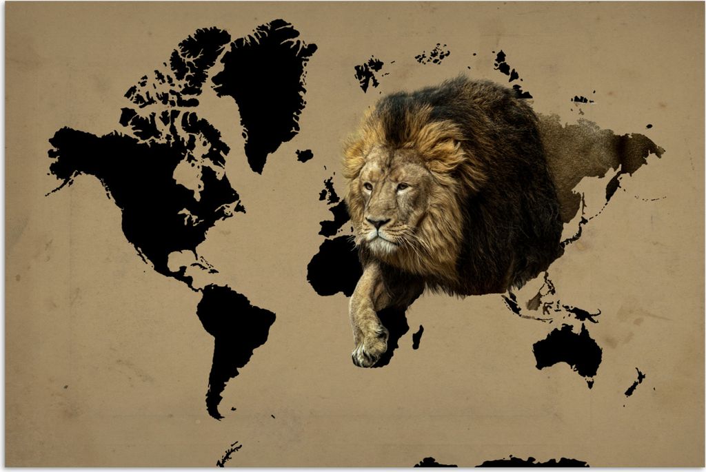 MuchoWow® Poster Weltkarte - Schwarz - Löwe 90x60 cm - Produktbild 