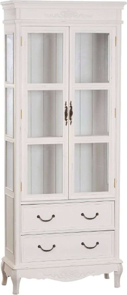 Casa Padrino Landhausstil Vitrinenschrank Antik Weiß 70 x 31 x H. 177 cm - Handgefertigte Shabby Chic Vitrine mit 2 Glastüren und 2 Schubladen