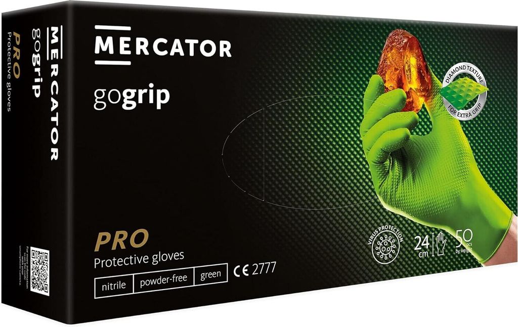 Nitrilhandschuhe puderfrei latexfrei 2-3x dicker Diamanttextur MERCATOR GoGrip, Größe:XL - 50 Stück, Farbe:GoGrip Grün