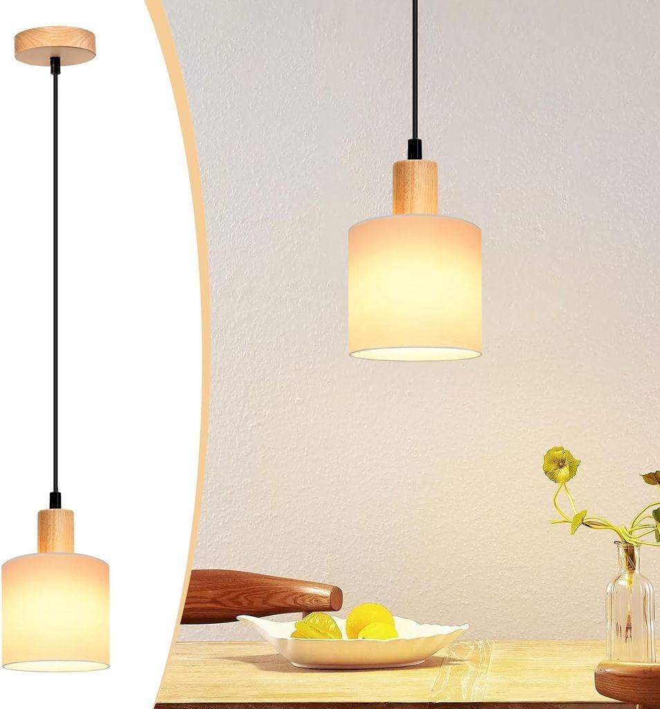 ZMH Pendelleuchte Holz Weiß Esstischlampe Vintage 1 Flammig Hängeleuchte E14 Hängelampe mit Stoffschirm für Wohnzimmer Restaurant Schlafzimmer ...