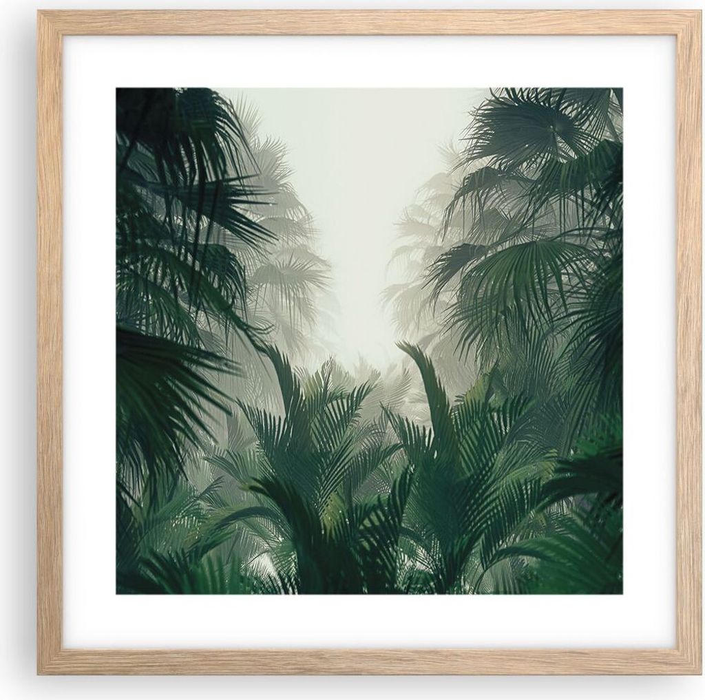 Gerahmtes Poster - Rahmen in heller Eiche - Dschungel Blätter Palmen - 40x40 cm - Wand Bild - Wanddeko - Wandbilder - Kunstposter - Wandposter - B...
