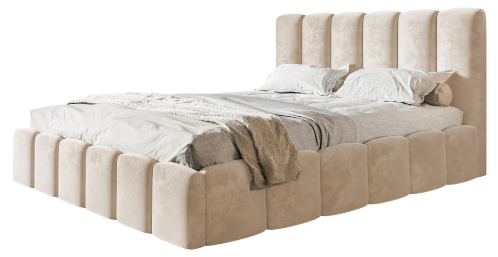 Bett Lucy 120x200, Bettkasten und Metallrahmen, Amor-Samtstoff, Beige