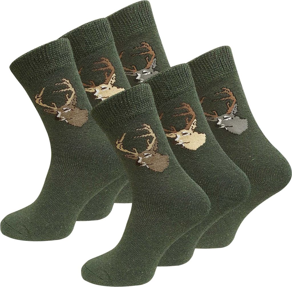 A group of green socks with deer head patterns.