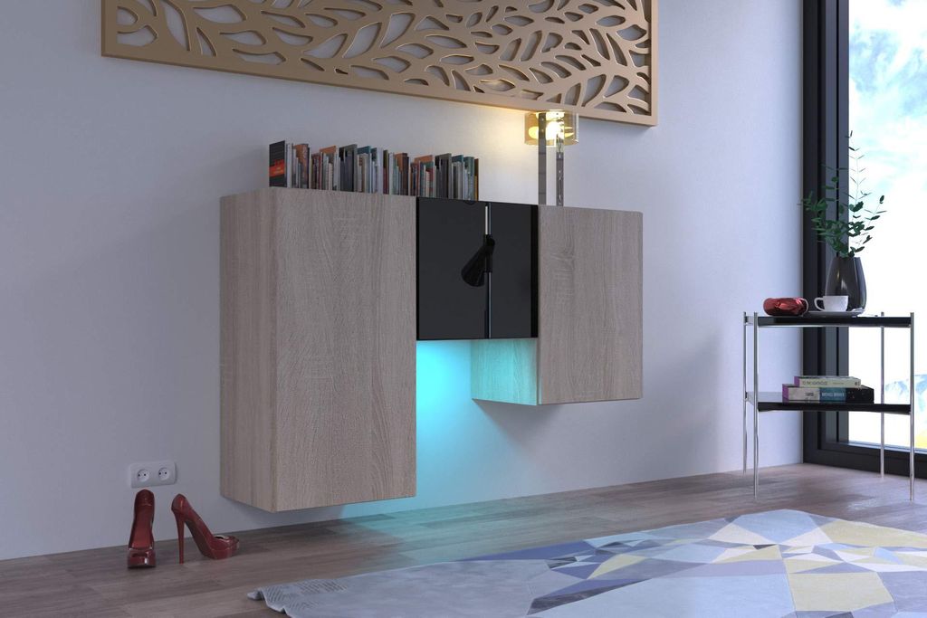 Furnitech K1 Modernes Wohnzimmer, Kommode, Schrank, Sideboard, Schlafzimmer, Esszimmer, Wohnzimmermöbel (LED weiß, K1-18HGM-SB7)