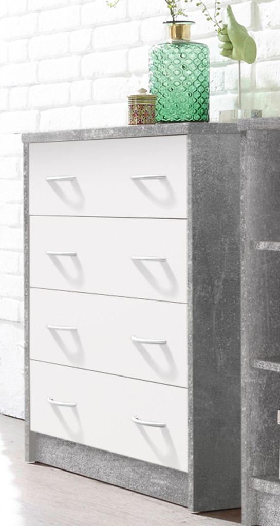 Kommode Holzkommode Anrichte Schubladenkommode Beistellschrank "Olli VIII" Beton / Weiß