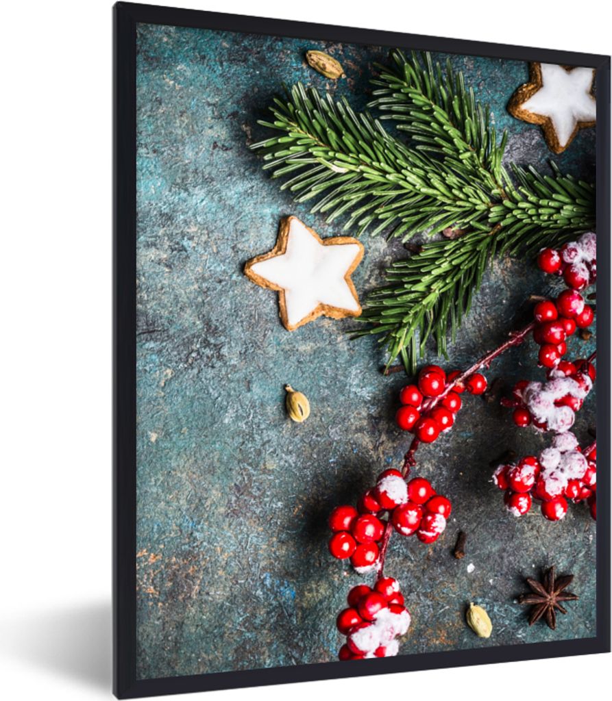 MuchoWow Gerahmtes Poster Weihnachten - Rustikal - Zweige - Sternanis - Beeren - Rot 30x40 cm - Poster mit Schwarzem Bilderrahmen Wandposter Rahm...