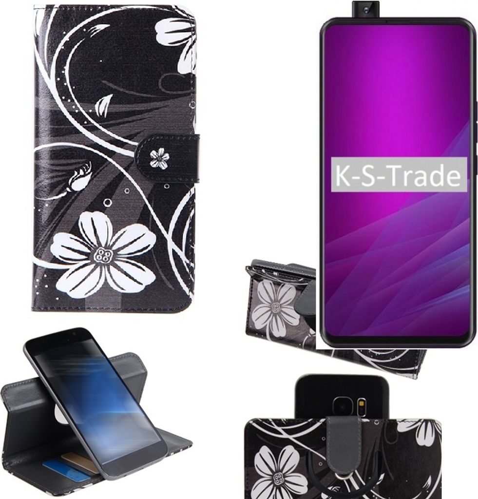 K-S-Trade Schutzhülle Handyhülle kompatibel mit Allview Soul X6 Xtreme Hülle 360° Wallet Case ''Flowers'' Klapphülle Hülle schwarz-weiß 1x