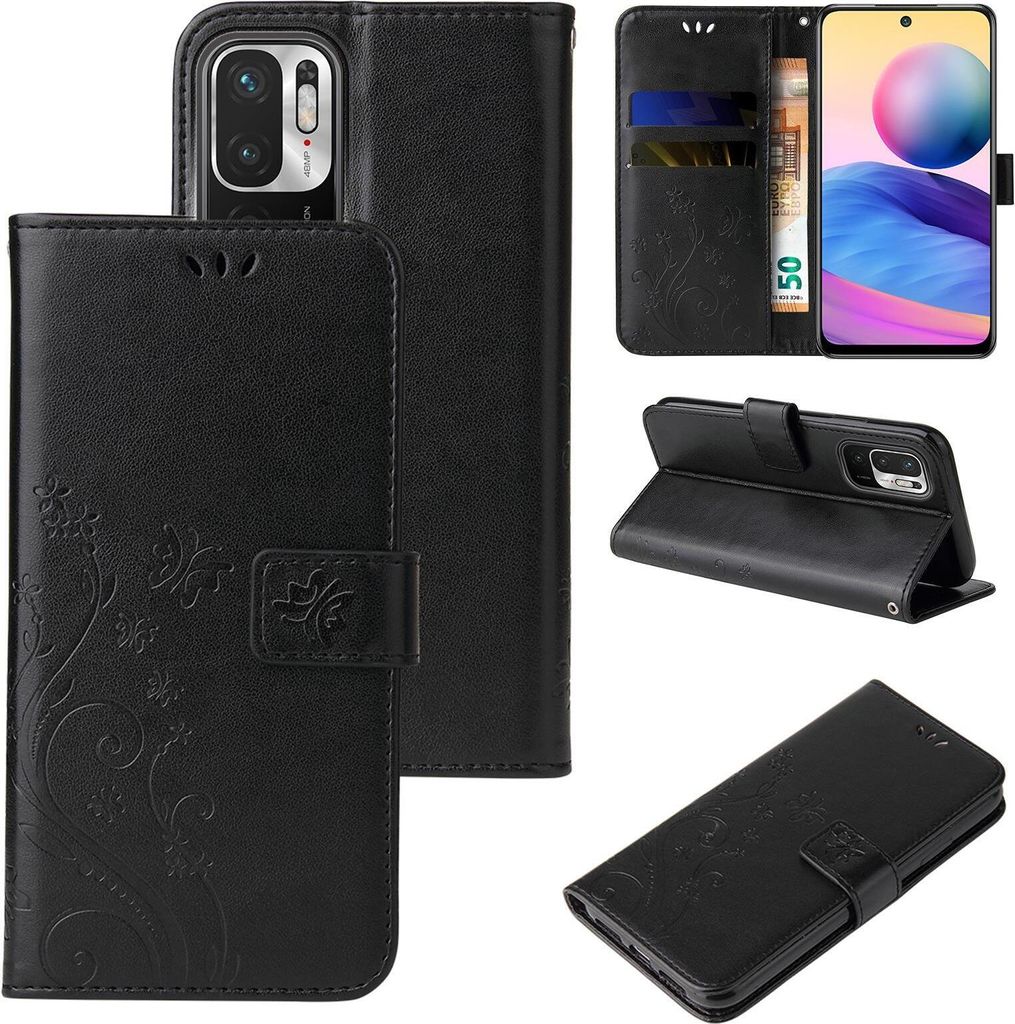 Handyhülle für Xiaomi Redmi Note 10 5G Floral Blumen Schmetterling Flip Cover Hülle Case Klapphülle Handytasche Farbe: Schwarz