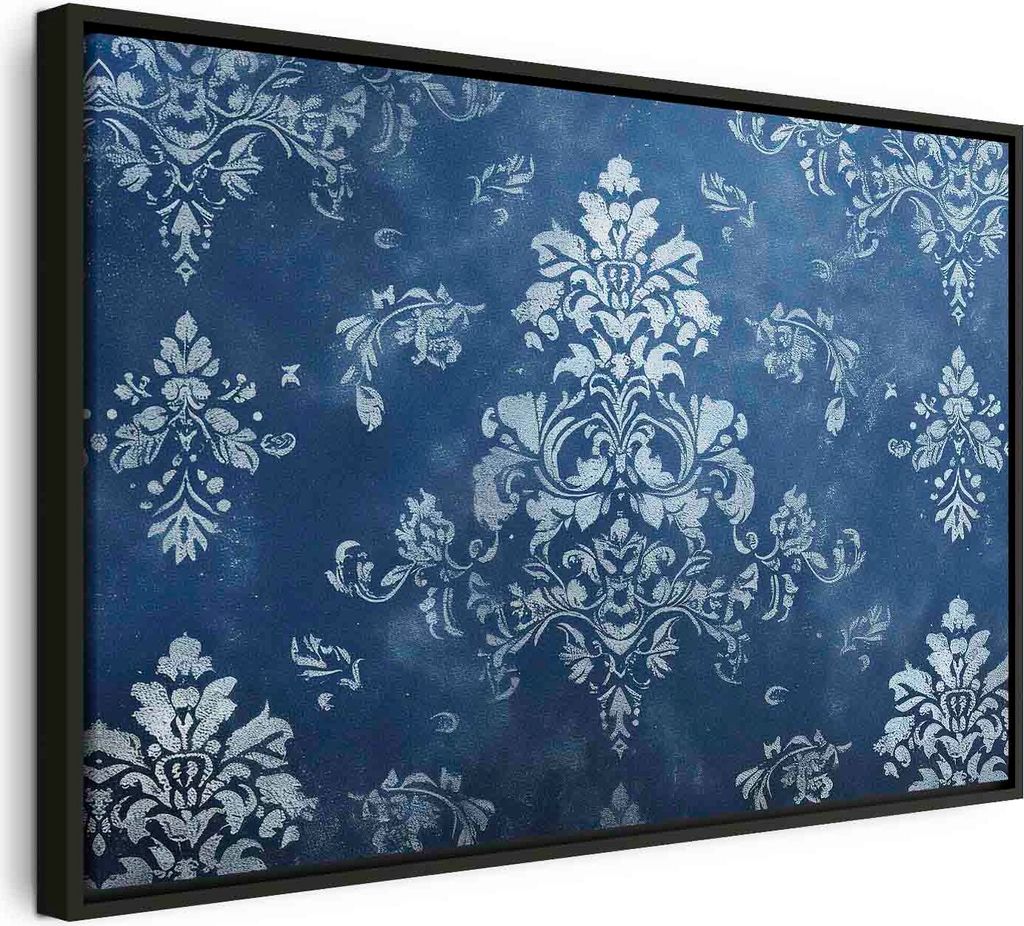 Italienischer Leinwand Leinwandbild - Retro Ornament Decorative Motif in Worn Blues 90x60 cm Muster f-H-10009-b-a