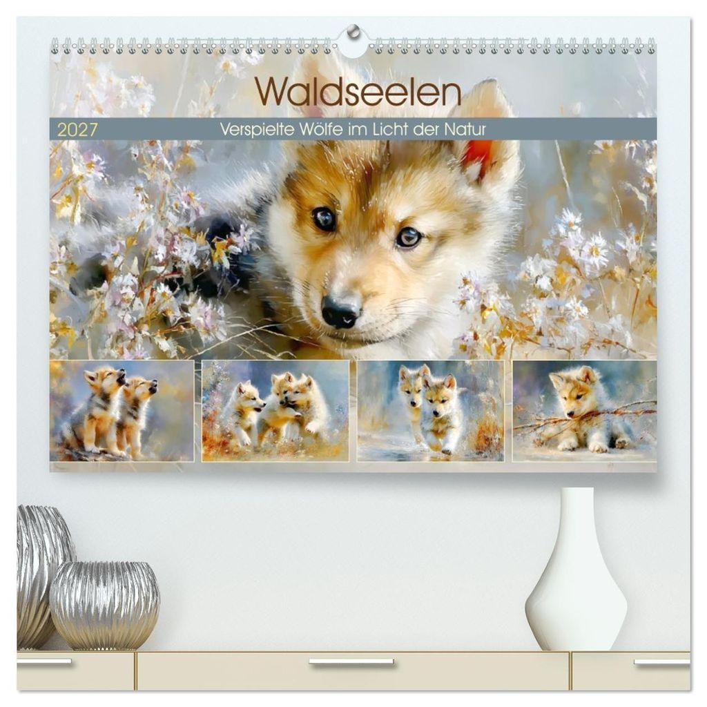Waldseelen. Verspielte Wölfe im Licht der Natur (hochwertiger Premium Wandkalender 2027 DIN A2 quer), Kunstdruck in Hochglanz