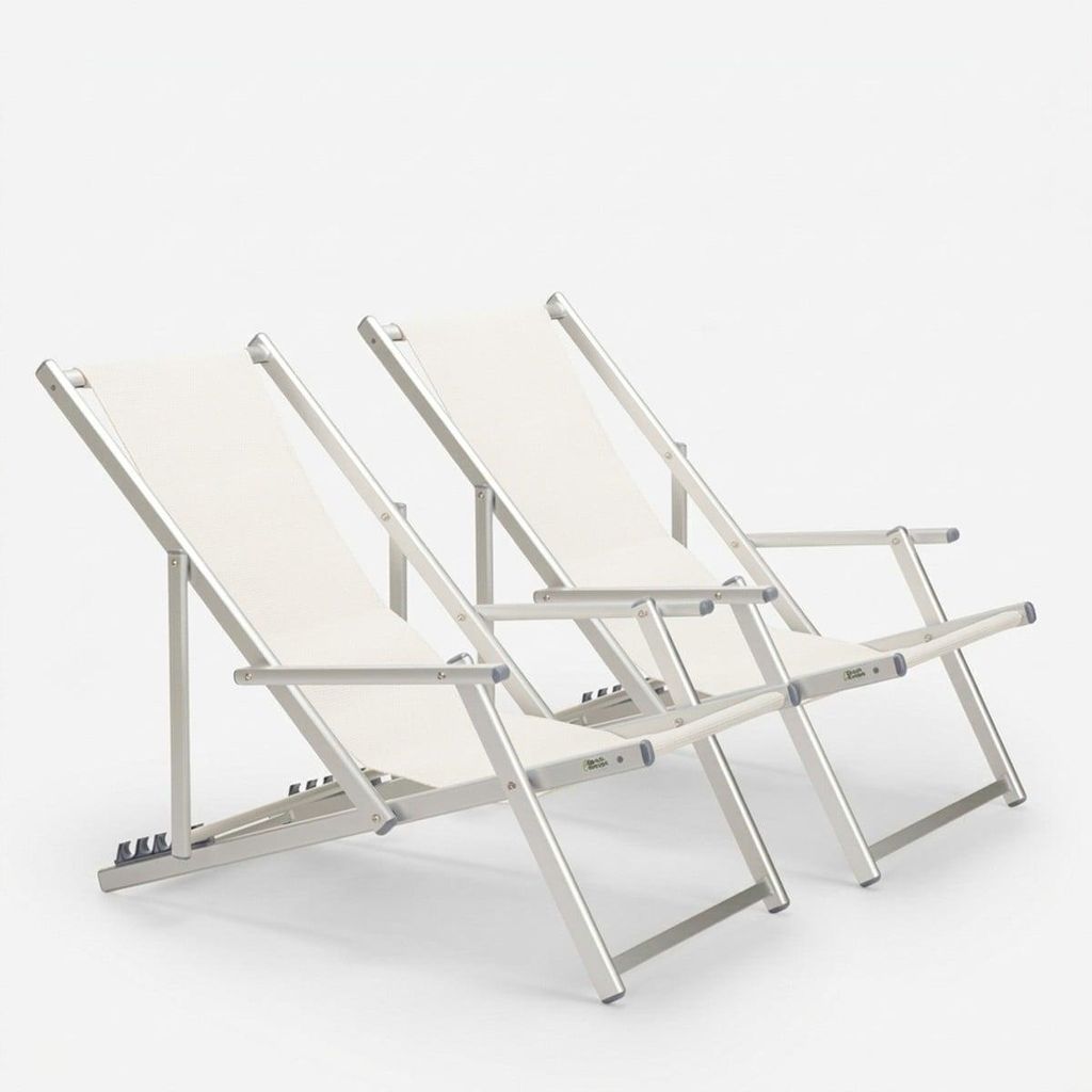 2er Set Strandliegen Liegestühle Sonnenliegen mit Armlehnen aus Aluminium Riccione Gold Lux - Weiß