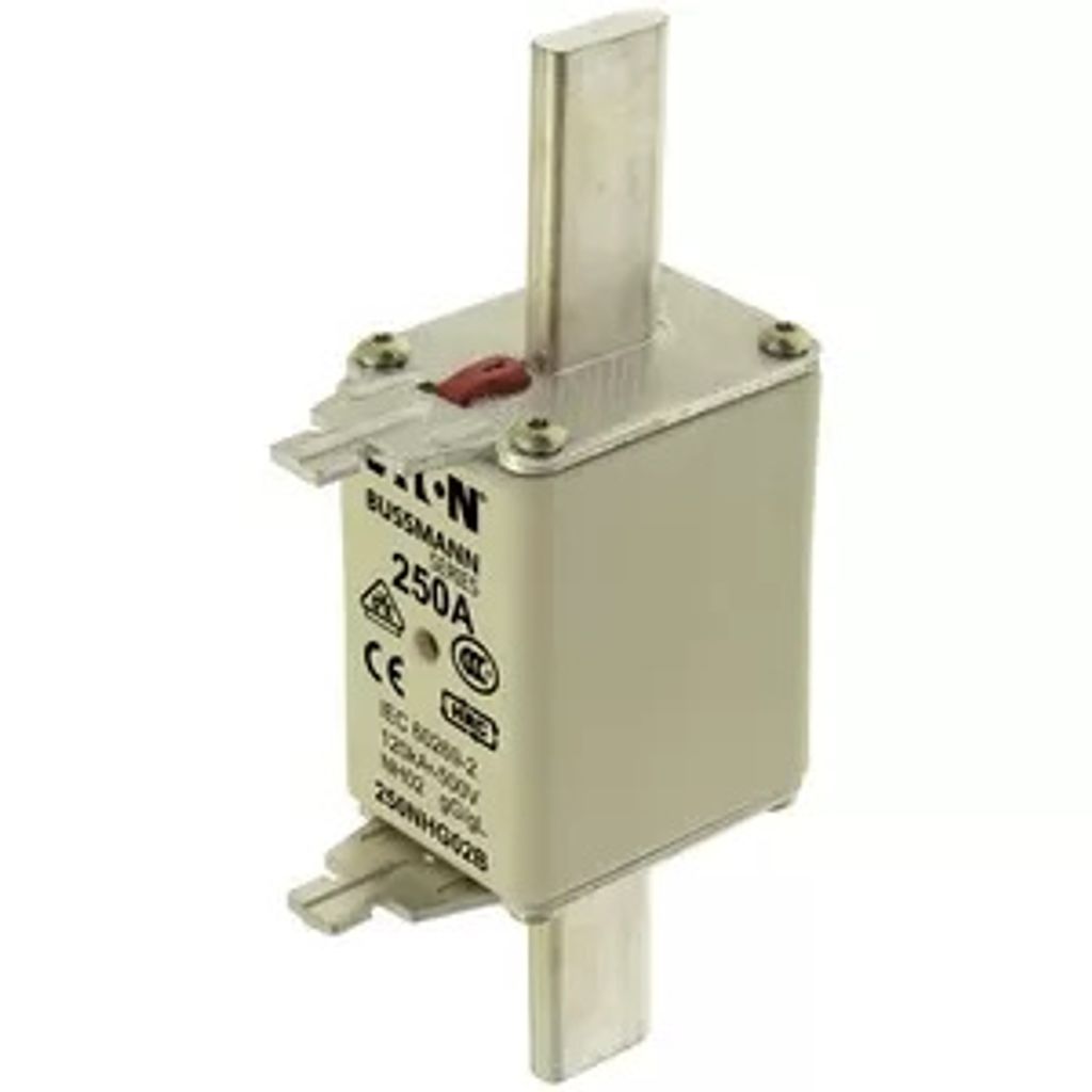 Eaton Sicherungseinsatz, Niederspannung, 250 A, AC 500 V, 120 kA, NH02, gL/gG, IEC, Doppelkennmelder, spannungsführende Grifflasche 250NHG02B