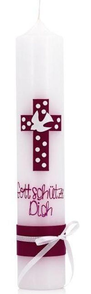 INNA-GLAS Kerze DOMINICK, Gott schütze Dich, verziert, weiß-pink, 26,5cm, Ø5cm - Germany - Taufkerze