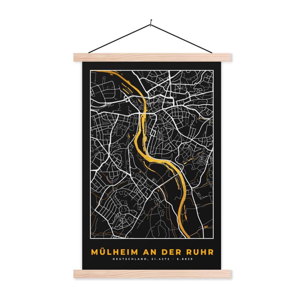 MuchoWow Textilposter Mülheim an der Ruhr - Gold - Stadtplan - Karte - Deutschland 40x60 cm mit holzfarbenen Rahmen - Poster