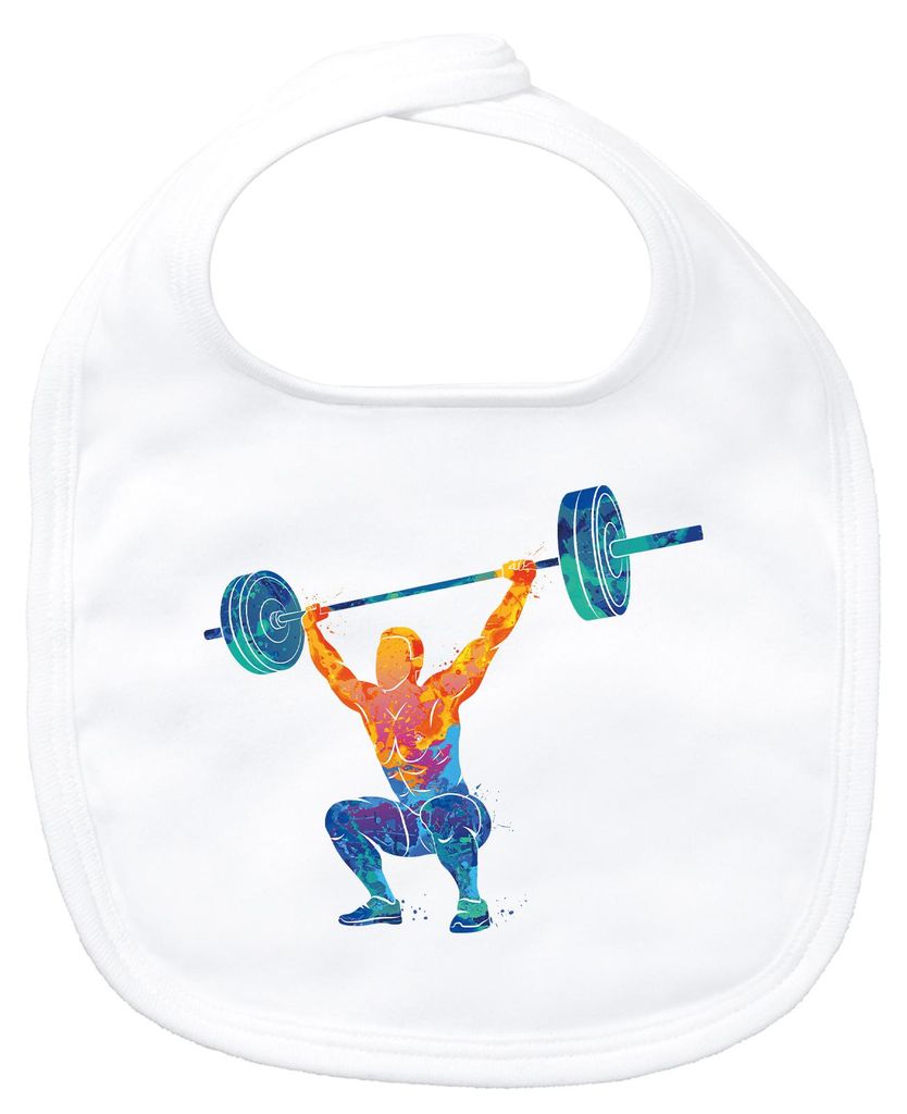 Huuraa Baby Lätzchen Gewichtheber Powerlift bunte Silhouette White Klettverschluss Baumwolle Latz Geschenkidee