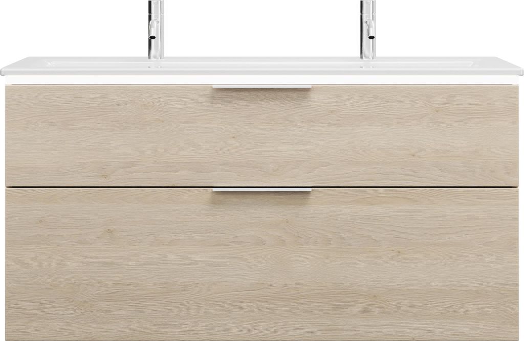 burgbad Eqio Slim Keramik-Waschtisch mit 2 Armaturbohrungen, inklusive Waschtischunterschrank mit LED-Beleuchtung, 1220x490x640mm, SHBW122F3180C000...