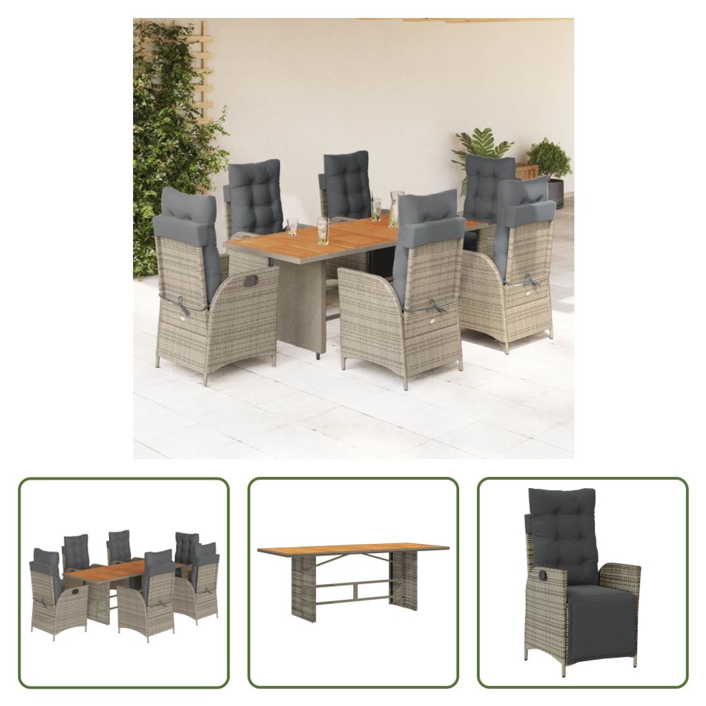 The Living Store 7-tlg. Garten-Essgruppe mit Kissen Grau Poly Rattan