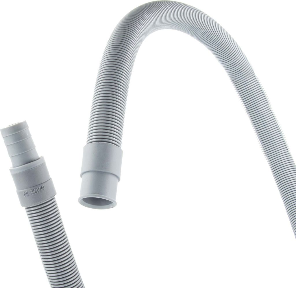 A close-up shot of a grey flexible hose extension with connectors on a white background.