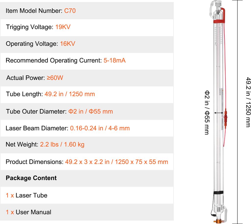 Tuba laserowa CO2 VEVOR 60 W, długość 1250 mm, średnica 55 Zdjęcie produktu 7