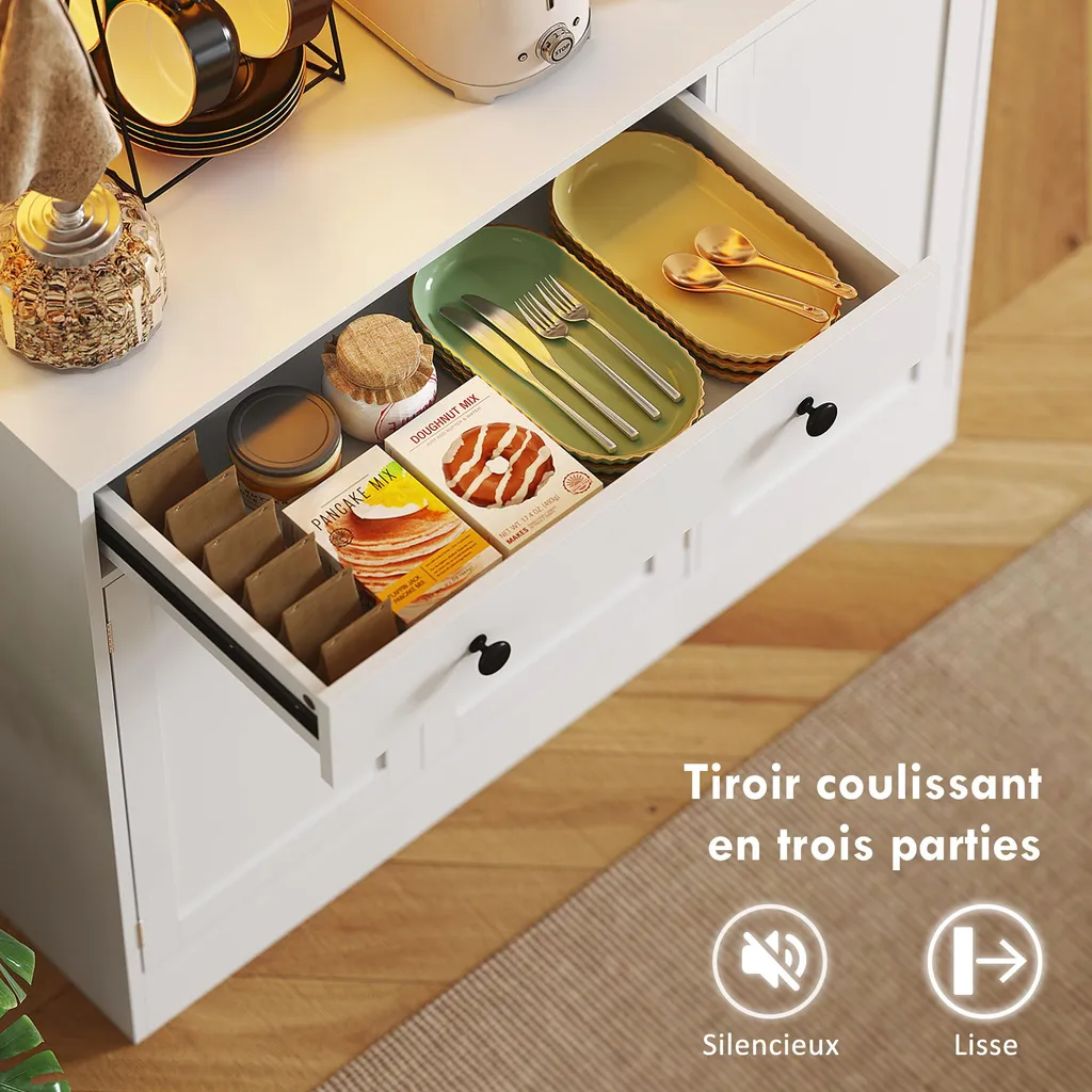 Buffet Cuisine avec Multiprise Intégrée et Éclairage LED Télécommandé