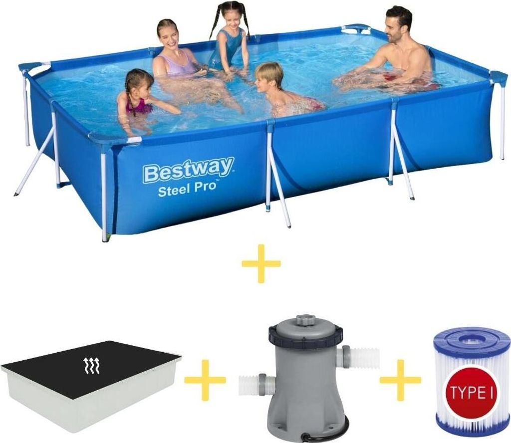 Bestway Pool - Steel Pro - 300 x 201 x 66 cm - Inklusive Solarsegel, Filterpumpe & Filter