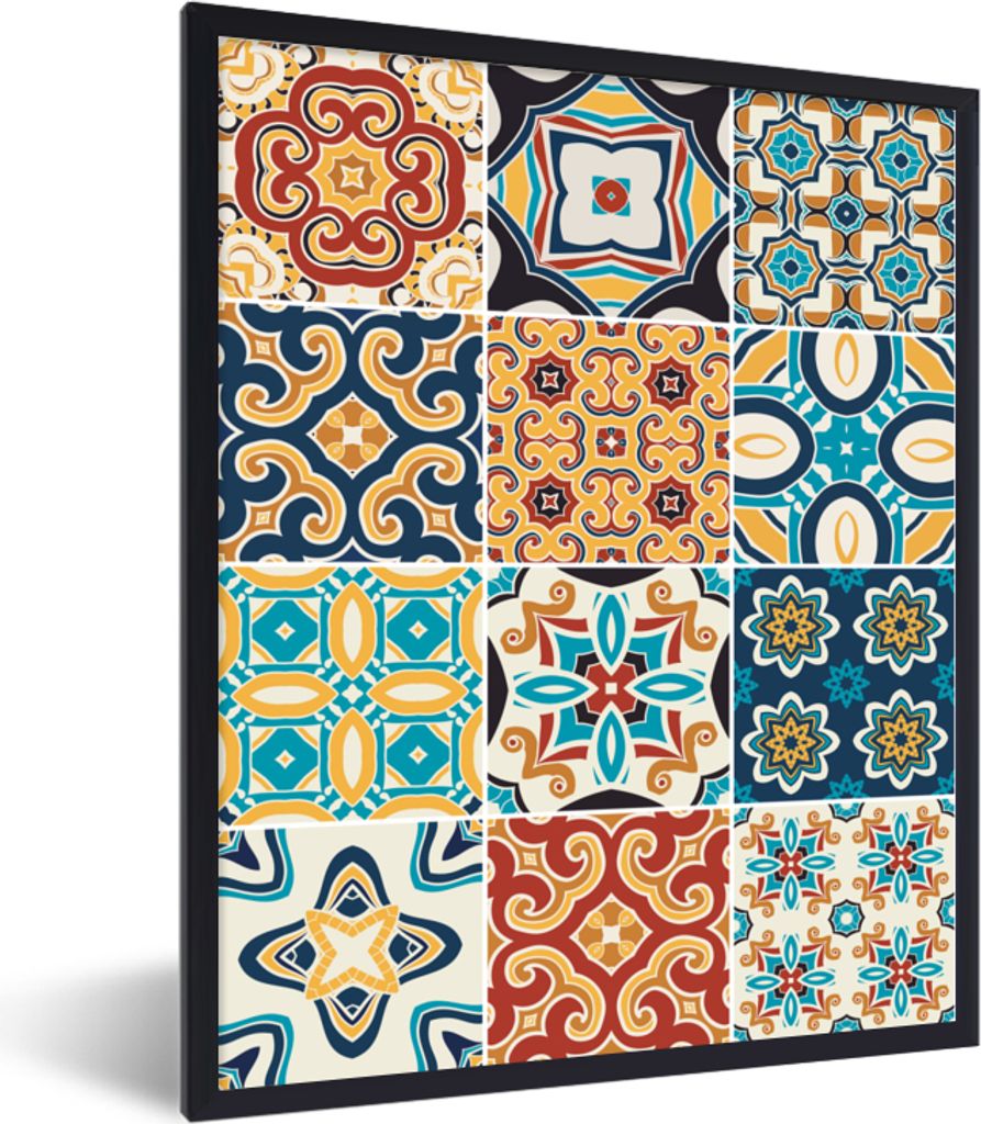 MuchoWow Gerahmtes Poster Blumen - Vintage - Muster - Blau - Orange 30x40 cm - Poster mit Schwarzem Bilderrahmen Wandposter Rahmen Foto Bilder - ...