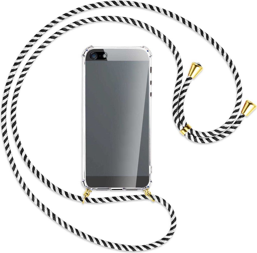 Handykette Backcover-Schutzhülle mit Band (Metall goldfarben) für Apple iPhone 5, 5S, SE - schwarz/weiß gestreift