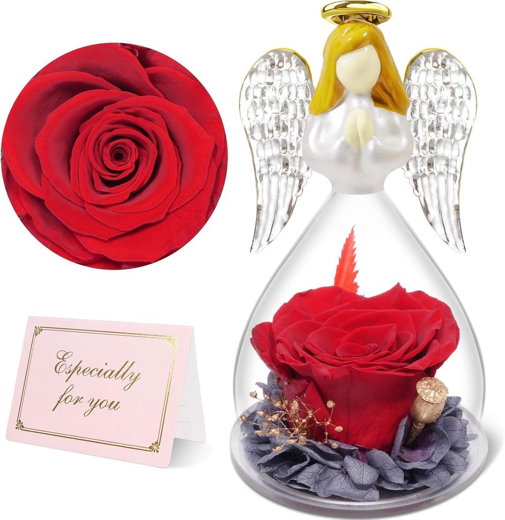 Engel-Figur mit roter ewiger Rose Dekoration Geschenk für Produktbild 