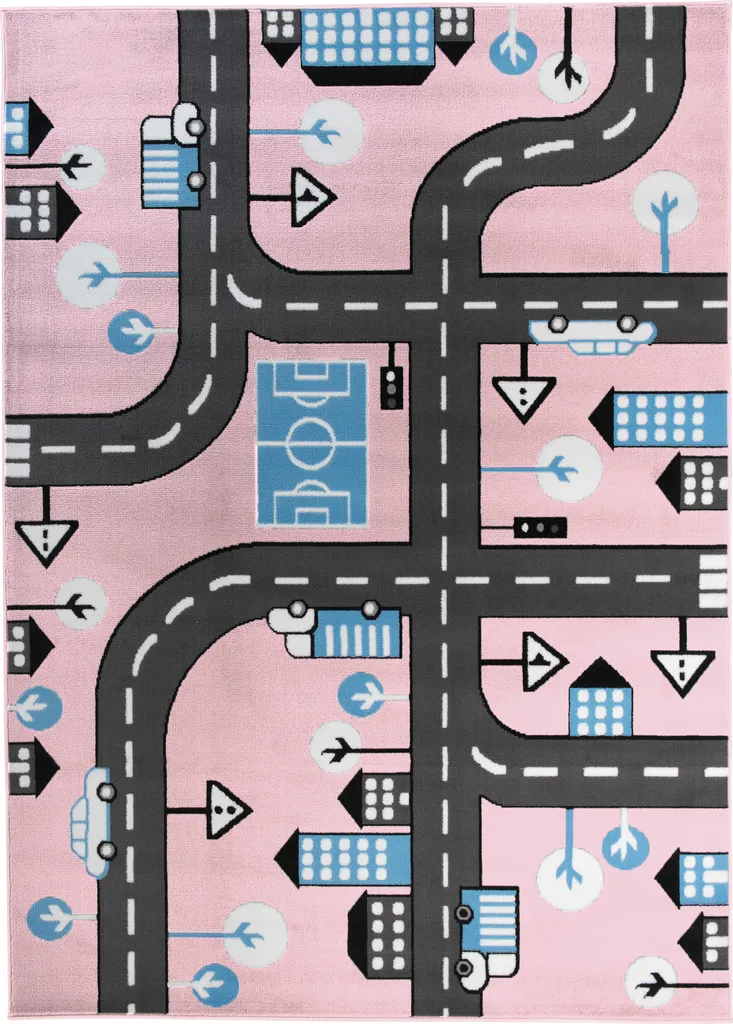 Tapis enfant poils courts 180x250 cm rose bleu noir design moderne - 2