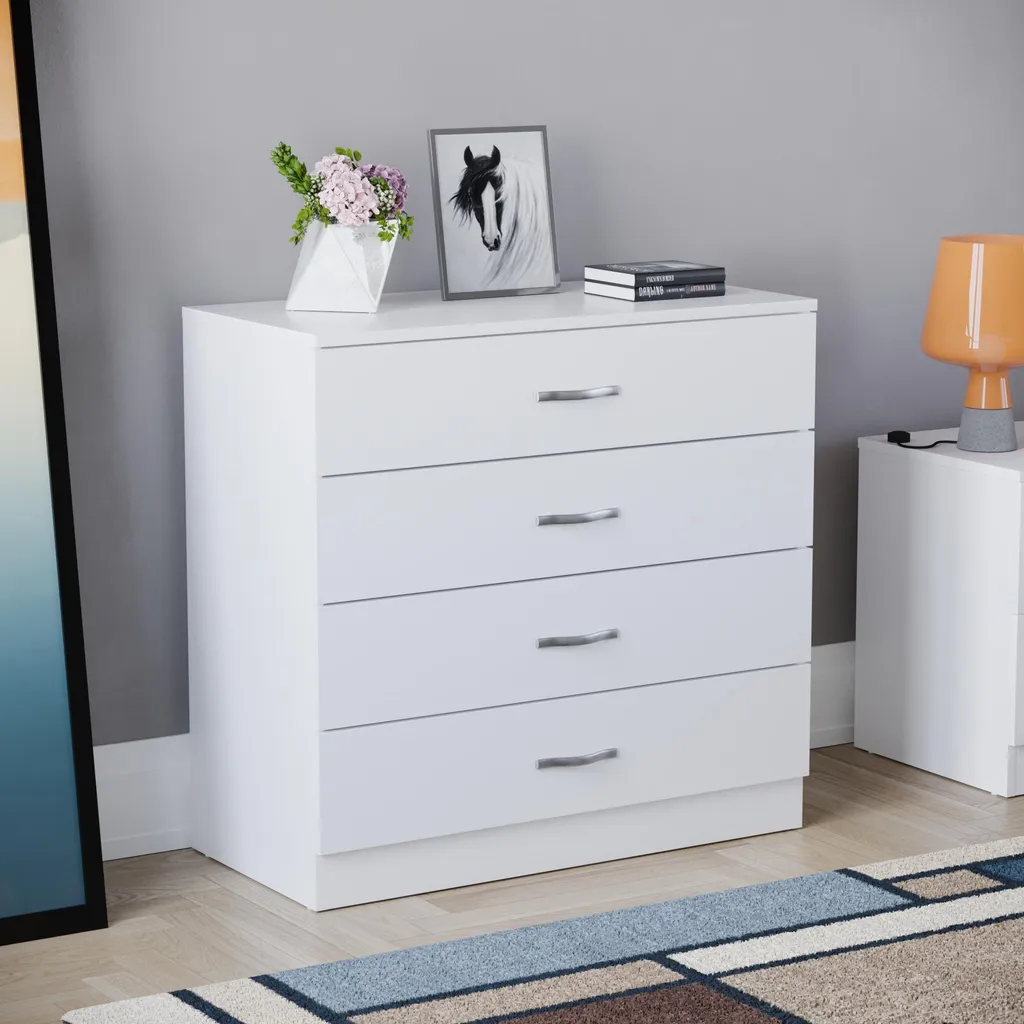 Commode de chambre blanche à 4 tiroirs Riano - Mobilier bois et métal
